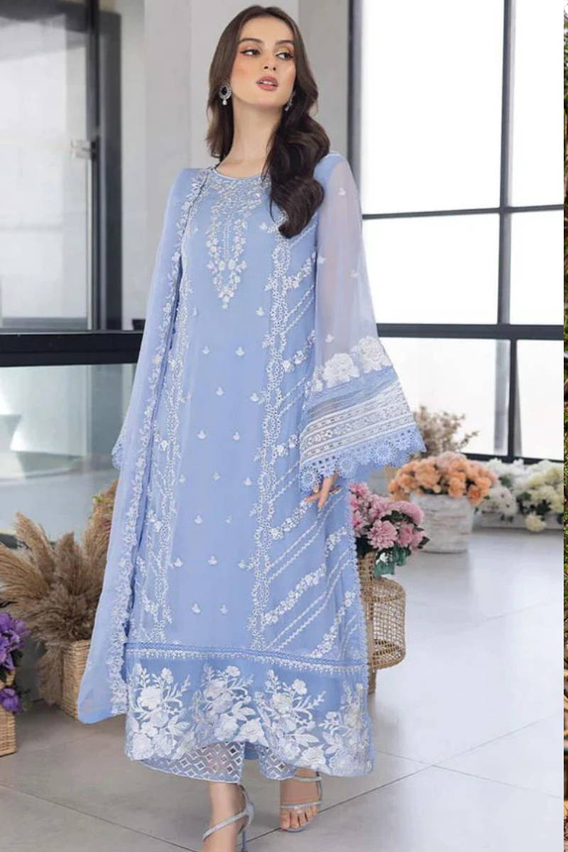 AZURE-3PC ORGANZA HEAVY EMBROIDERED SHIRT WITH ORGANZA EMBROIDERED DUPATTA AND LAWN EMB TROUSER-PK-2618