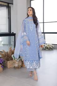 AZURE-3PC ORGANZA HEAVY EMBROIDERED SHIRT WITH ORGANZA EMBROIDERED DUPATTA AND LAWN EMB TROUSER-PK-2618